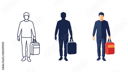 Man with travel bag or briefcase icon set, different styles outline, silhouette and flat color illustration