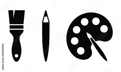 Art tools icon set featuring a paintbrush, pencil, and color palette for.