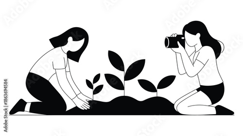 Monochrome illustration of women planting seedlings and capturing.