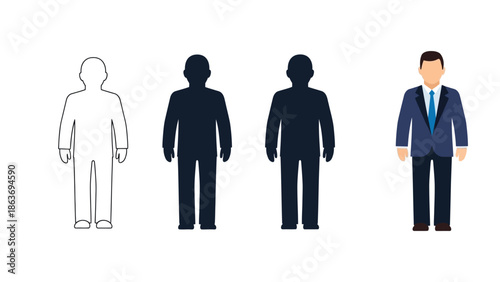 Set of four male business icons outline, silhouette solid shape, and full color businessman in suit