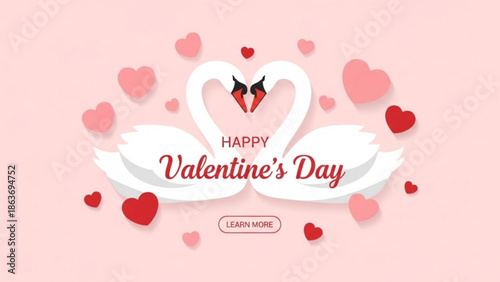Valentine's day celebration with loving swans and hearts on pink background for romantic greeting card or social media post with Valentine s Day