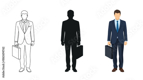 Set of three businessman icons line art sketch, black silhouette and full color illustration, all holding briefcases