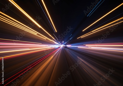 Dynamic high-speed streaking light lines creating an abstract illustration of powerful motion and rapid forward acceleration across space, background, stream, speed