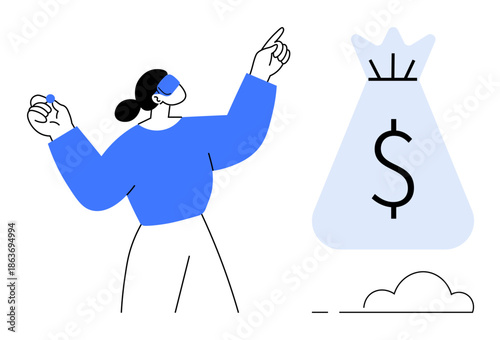 Businesswoman pointing at a large money bag with a dollar sign, implying financial ambitions or money management. Ideal for themes thumbs up savings, investments, prosperity, personal finance