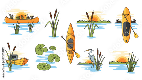 Colorful canoeing adventure scene with kayaks and nature elements at sunrise