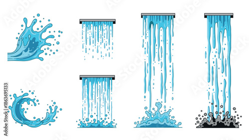 Dynamic flow: cartoon style elements of splashing water and waterfall