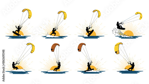 Dynamic kiteboarding silhouettes at sunset: flat stylish sport adventure