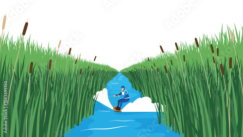 Waterskiing adventure through narrow reed channel in vibrant flat design