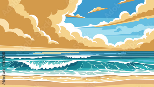 Summer beach with waves and clouds in retro pop art style