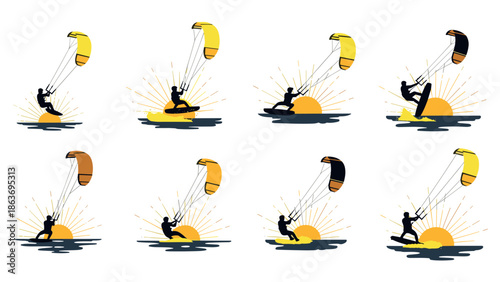 Dynamic kiteboarders at sunset: silhouettes and splashing waves