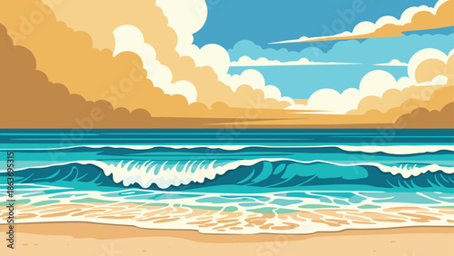 Retro style ocean waves and sandy beach with clouds and blue sky