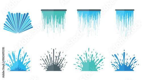 Colorful water splash and drip icons in flat style with blue and turquoise hues