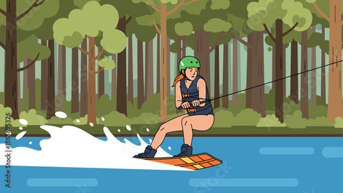 Woman wakeboarding in forest lake with safety gear and rope