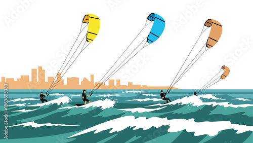Urban coastal kitesurfing adventure with colorful kites and dynamic waves