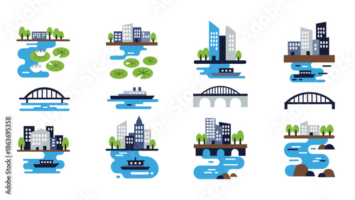 Urban and natural scenes in flat design: cityscapes and waterscapes collection