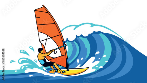 Dynamic windsurfing adventure on giant ocean wave in vibrant minimalist art style