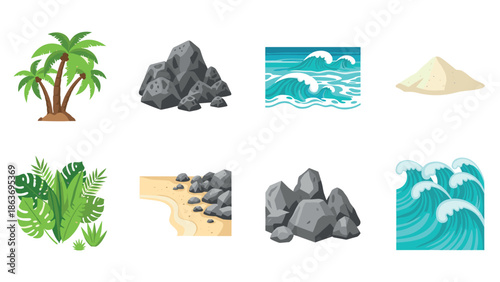 Tropical beach elements with palm trees and ocean waves in flat style