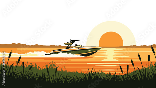 Speedboat at sunset on tranquil lake with vibrant orange sky and silhouette landscape