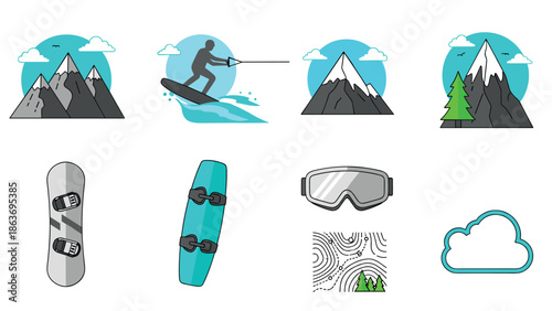 Adventure sports and nature icons in minimalist design
