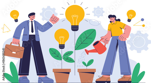 A businessman and woman nurturing ideas and growth in a creative and innovative environment