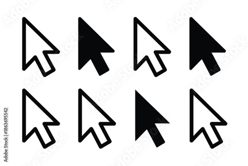 Set of eight computer mouse cursor icons featuring black and white arrows.