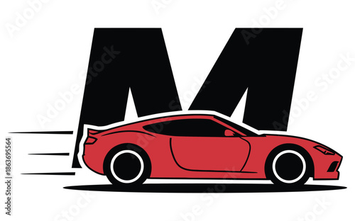 Red stylized sports car illustration moves swiftly before a large M.