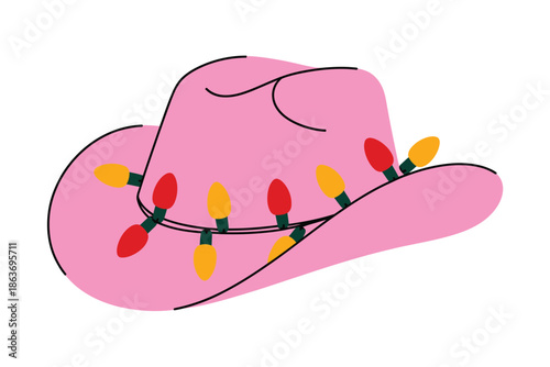 Pink cowboy hat is playfully decorated with colorful string lights for a.