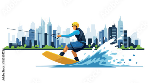 Wakeboarding adventure with cityscape background and splashes