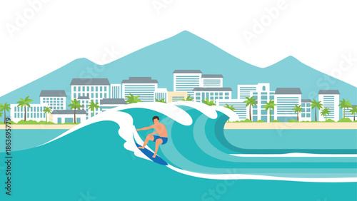 Surfer riding wave with tropical city skyline and mountains in background