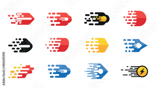 Colorful fast movement icons set with dynamic designs for digital themes
