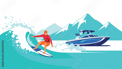 Surfer riding waves near motorboat with scenic mountain background in flat design