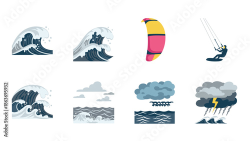 Dynamic wave and weather icon set featuring surfing and parachute kite elements