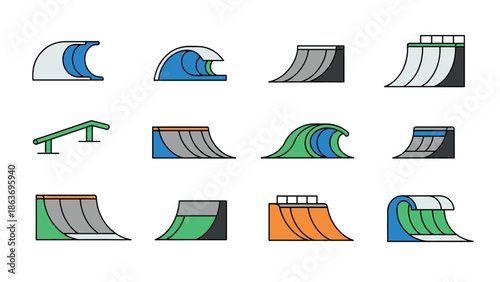 Minimalist skate park ramps and waves icons set
