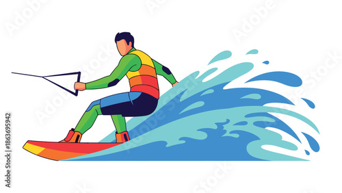Dynamic wakeboarder wearing a colorful suit rides vibrant ocean waves