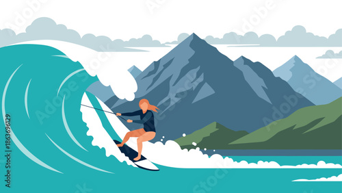 Dynamic adventure: woman surfing massive wave by majestic mountains
