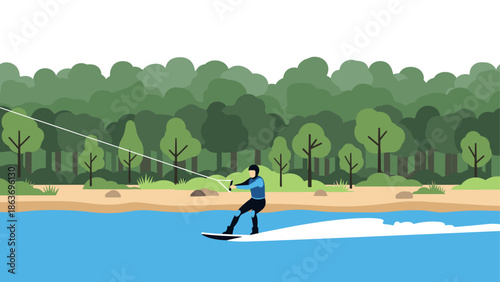 Flat style waterskiing adventure in serene forested lake landscape