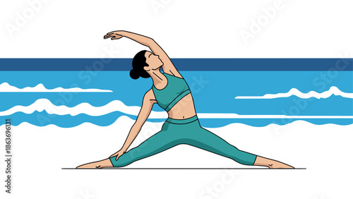 Dynamic yoga pose by the ocean with blue waves and sky backdrop