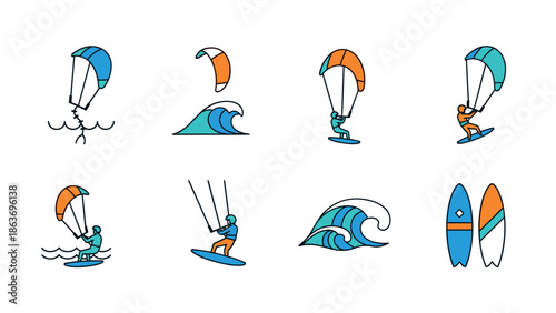 Colorful kite surfing set with waves and boards icons in flat design
