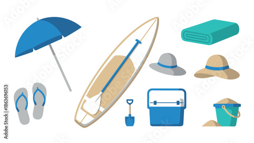 Beach essentials set: paddleboard, umbrella, hats, cooler, beach toys, and towel