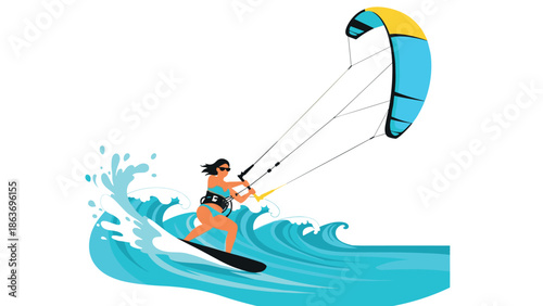Dynamic flat design of kiteboarding adventure with action waves and vibrant colors