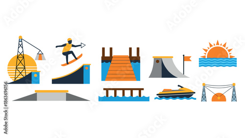 Vibrant wakeboarding and water sports elements in flat design