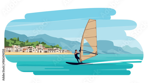 Windsurfing adventure in coastal landscape with sea and mountains