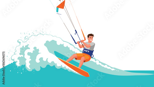 Dynamic kiteboarding adventure on ocean waves with energetic style and vibrant colors