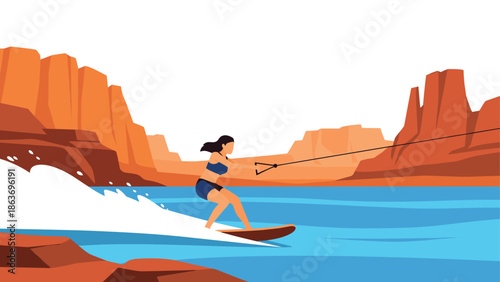 Woman wakeboarding on scenic lake surrounded by red rock canyons