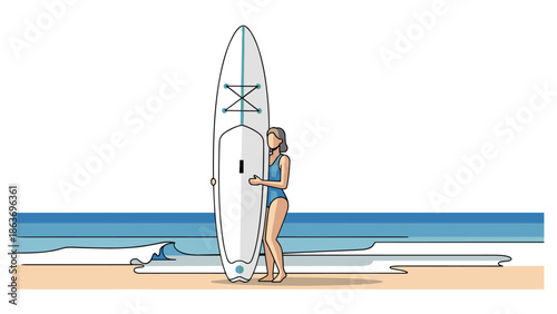 Relaxing beach day with woman holding surfboard in minimalist style
