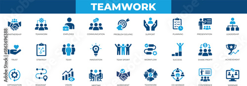 Modern teamwork collaboration solid icons. professional business meeting, partnership, management, leadership, brainstorming and leadership glyph symbols. editable vector