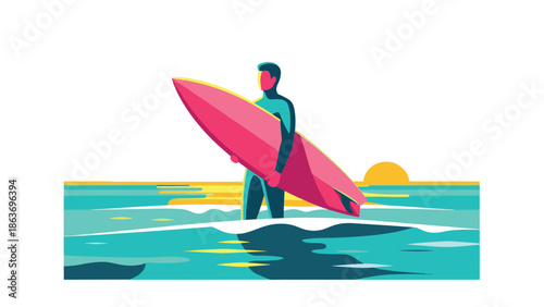 Surfer with board in vibrant retro style on beach at sunrise