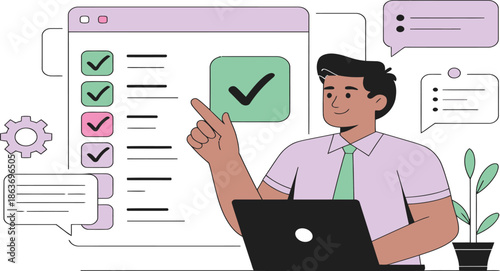 A man in a purple shirt and green tie is working on a laptop with a checklist on the screen