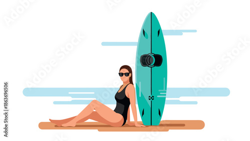 Summer beach scene with woman relaxing by surfboard in minimalist style