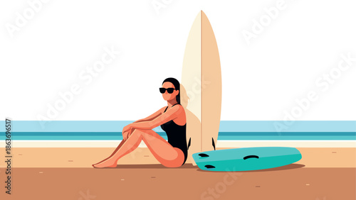 Relaxing beach scene with woman and surfboards by the sea